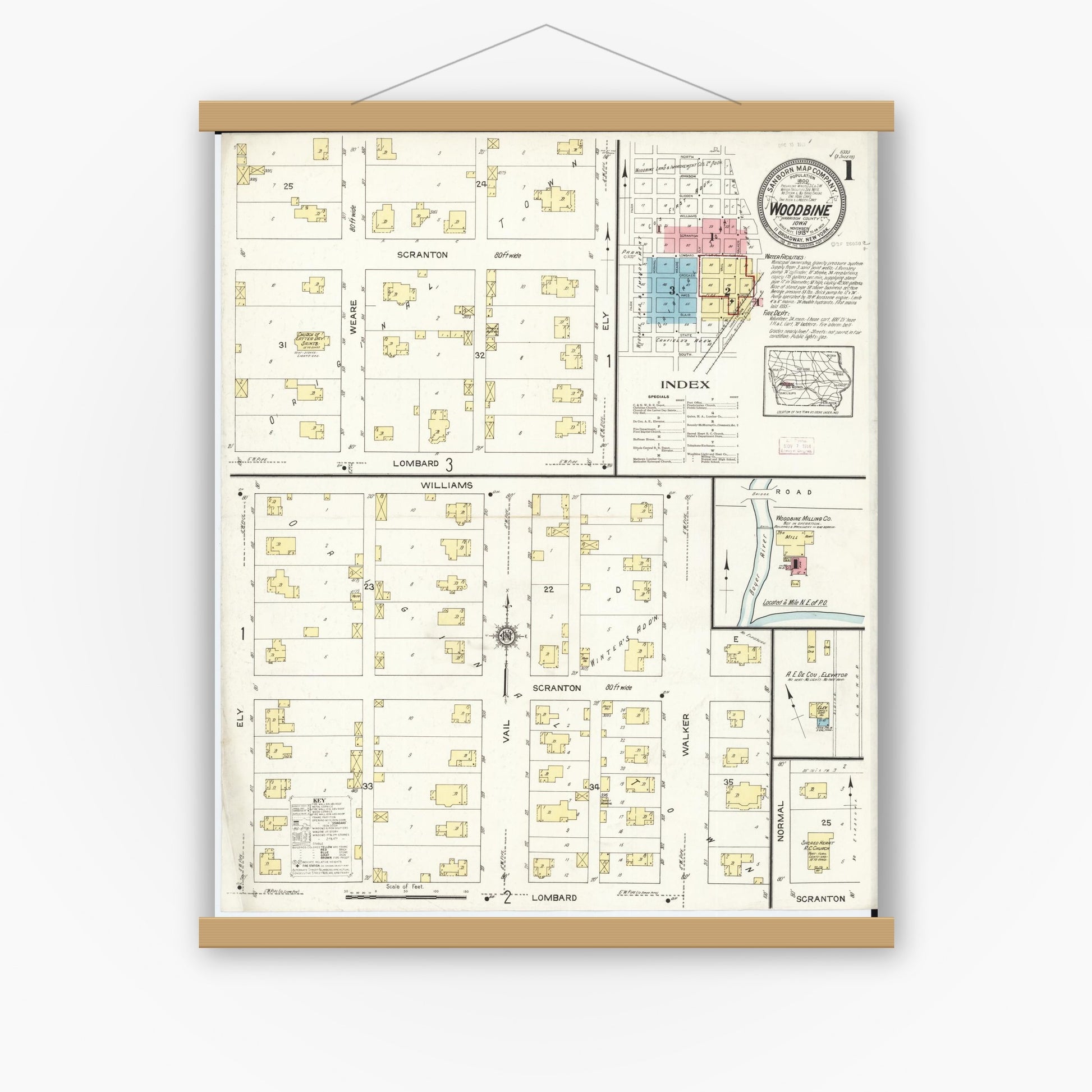 Old map wall art mockup — magnetic wood frame on white wall — Sanborn Fire Insurance Map from Woodbine, Harrison County, Iowa (1913), Sheet #0001