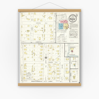Old map wall art mockup — magnetic wood frame on white wall — Sanborn Fire Insurance Map from Woodbine, Harrison County, Iowa (1913), Sheet #0001