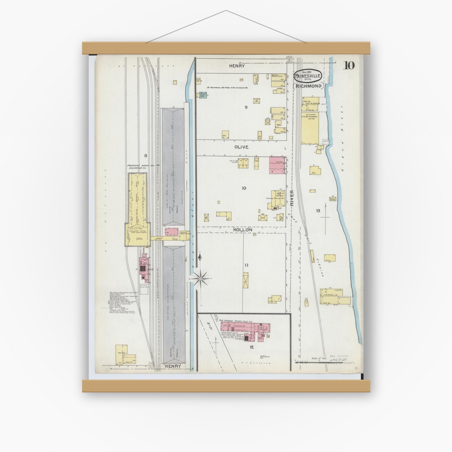 Old map wall art mockup — magnetic wood frame on white wall — Sanborn Fire Insurance Map from Painesville, Lake County, Ohio (1892), Sheet #0010