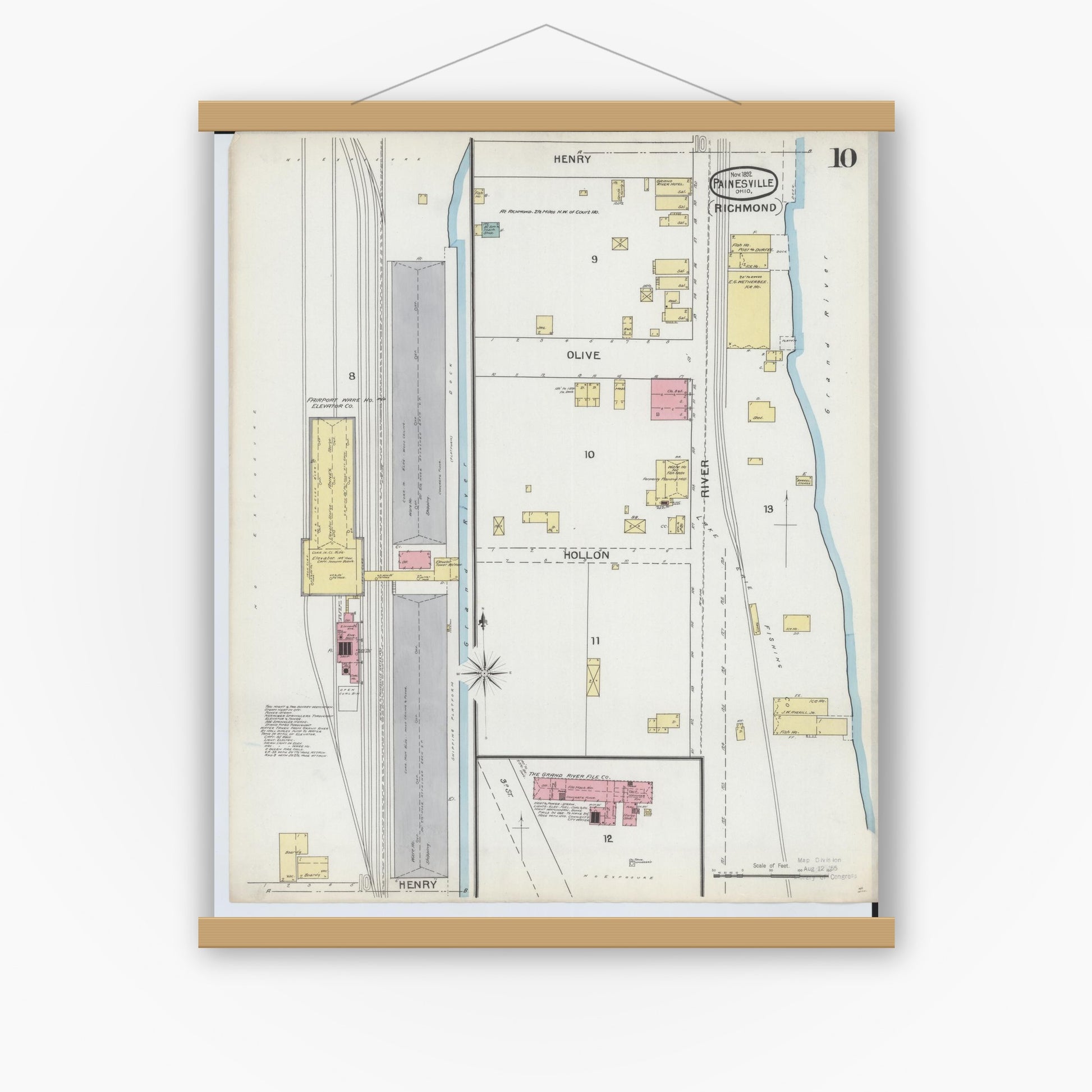Old map wall art mockup — magnetic wood frame on white wall — Sanborn Fire Insurance Map from Painesville, Lake County, Ohio (1892), Sheet #0010