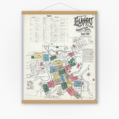 Old map wall art mockup — magnetic wood frame on white wall — Sanborn Fire Insurance Map from Elkhart, Elkhart County, Indiana (1901) - Complete Map Set