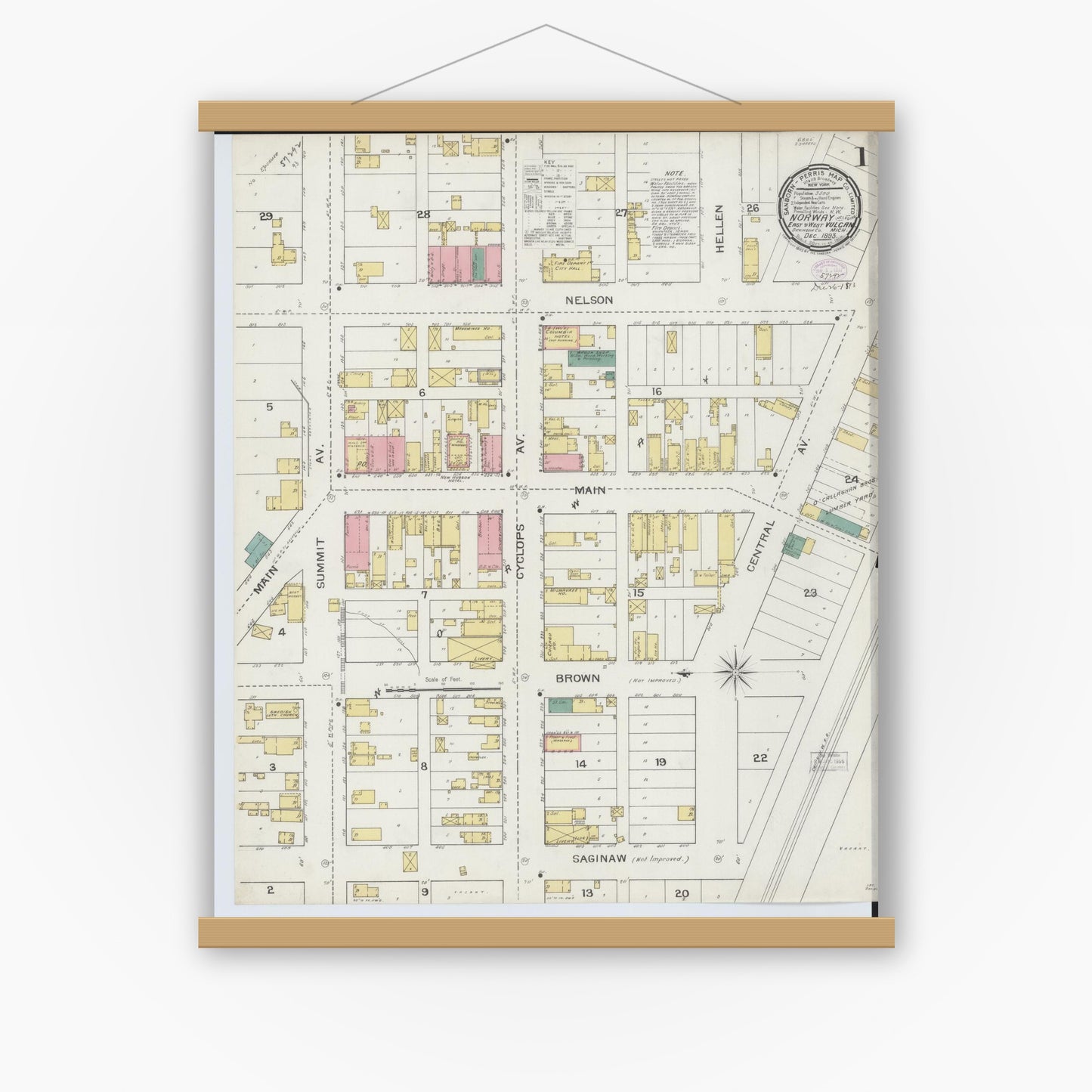 Old map wall art mockup — magnetic wood frame on white wall — Sanborn Fire Insurance Map from Norway, Dickinson County, Michigan (1893) - Complete Map Set