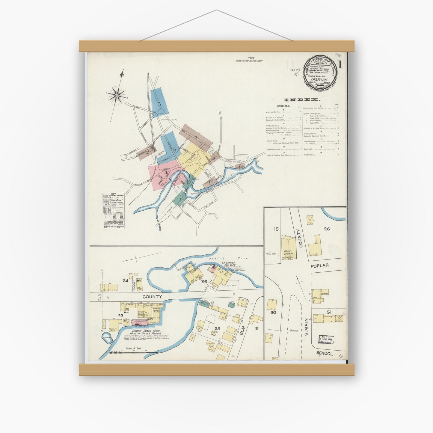 Old map wall art mockup — magnetic wood frame on white wall — Sanborn Fire Insurance Map from Ipswich, Essex County, Massachusetts (1892) - Complete Map Set