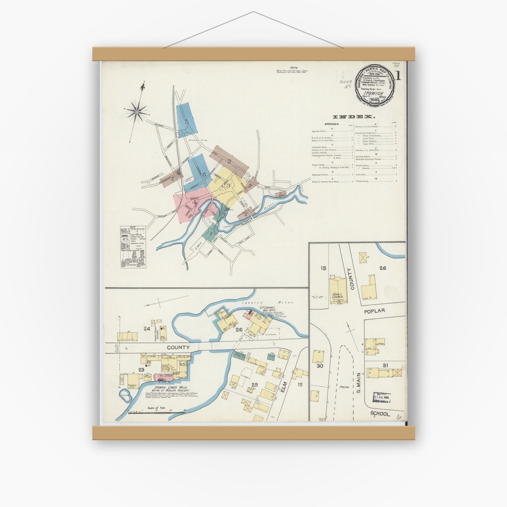 Old map wall art mockup — magnetic wood frame on white wall — Sanborn Fire Insurance Map from Ipswich, Essex County, Massachusetts (1892) - Complete Map Set