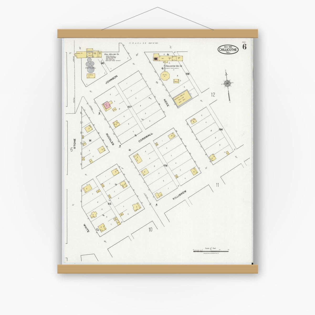 Old map wall art mockup — magnetic wood frame on white wall — Sanborn Fire Insurance Map from Chillicothe, Hardeman County, Texas (1921), Sheet #0006