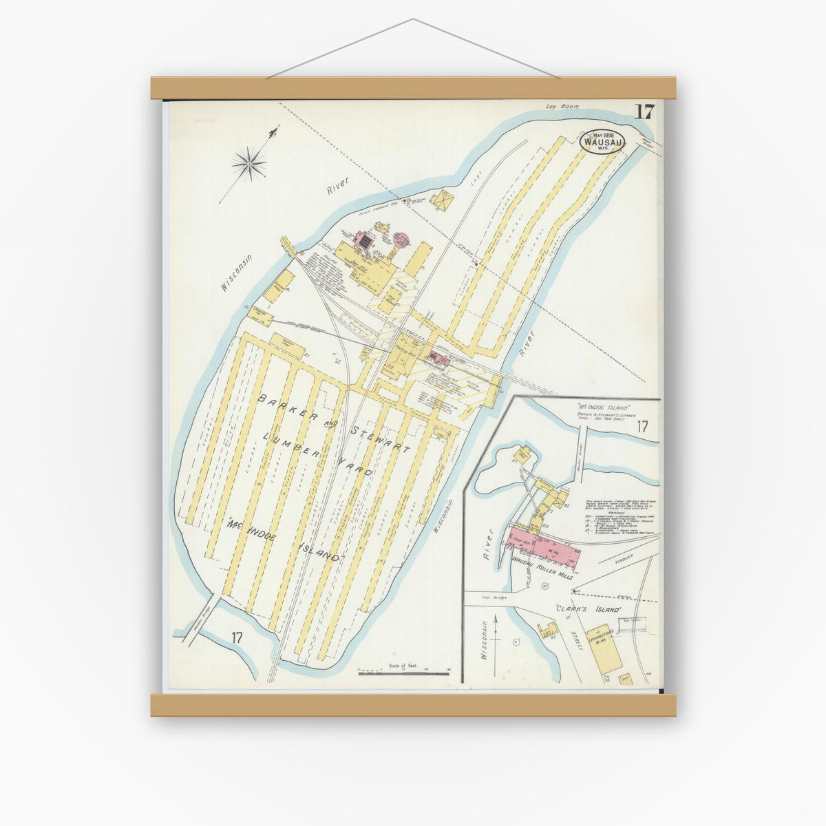 Old map wall art mockup — magnetic wood frame on white wall — Sanborn Fire Insurance Map from Wausau, Marathon County, Wisconsin (1898), Sheet #0017