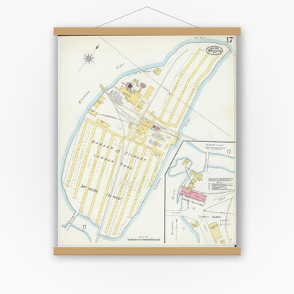 Old map wall art mockup — magnetic wood frame on white wall — Sanborn Fire Insurance Map from Wausau, Marathon County, Wisconsin (1898), Sheet #0017