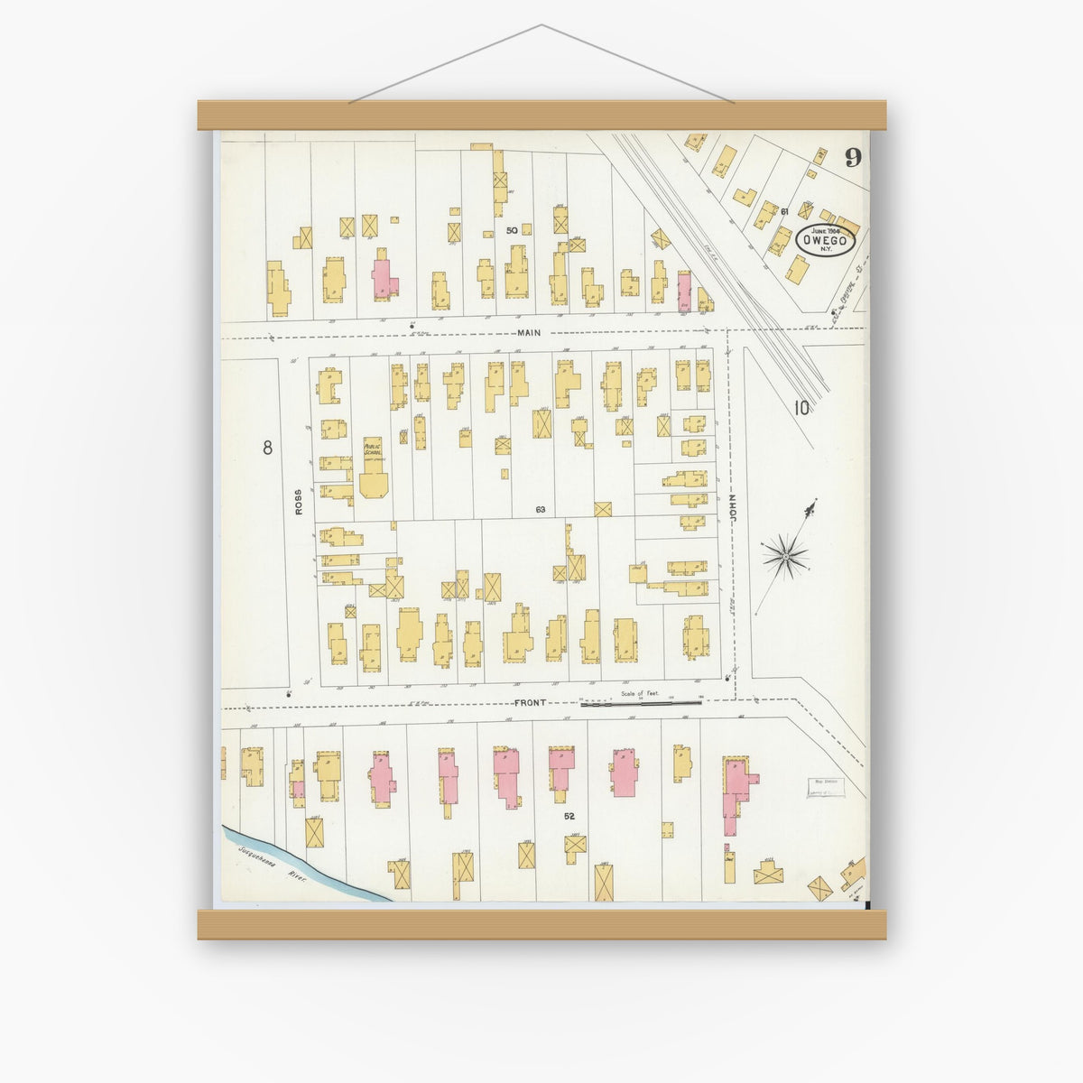 Old map wall art mockup — magnetic wood frame on white wall — Sanborn Fire Insurance Map from Owego, Tioga County, New York (1904), Sheet #0009