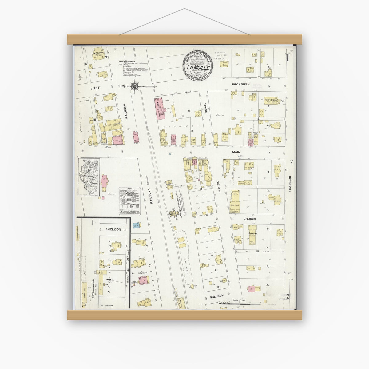 Old map wall art mockup — magnetic wood frame on white wall — Sanborn Fire Insurance Map from La Moille, Bureau County, Illinois (1913) - Complete Map Set