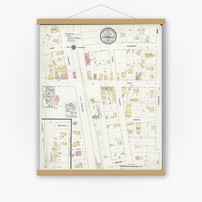 Old map wall art mockup — magnetic wood frame on white wall — Sanborn Fire Insurance Map from La Moille, Bureau County, Illinois (1913) - Complete Map Set