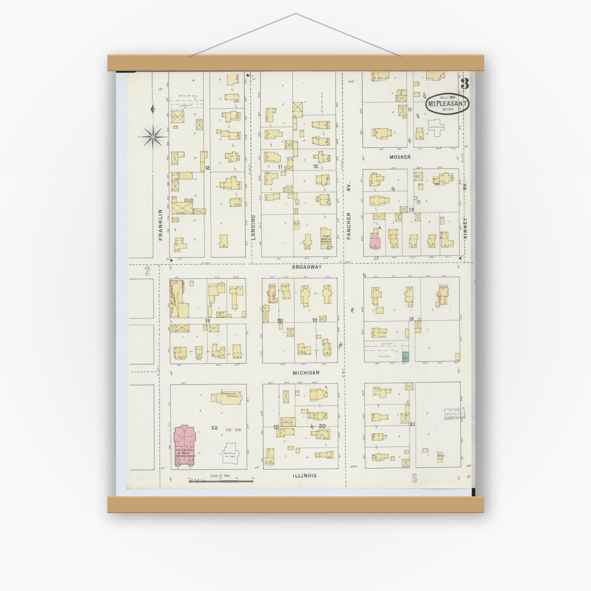Old map wall art mockup — magnetic wood frame on white wall — Sanborn Fire Insurance Map from Mount Pleasant, Isabella County, Michigan (1895), Sheet #0003