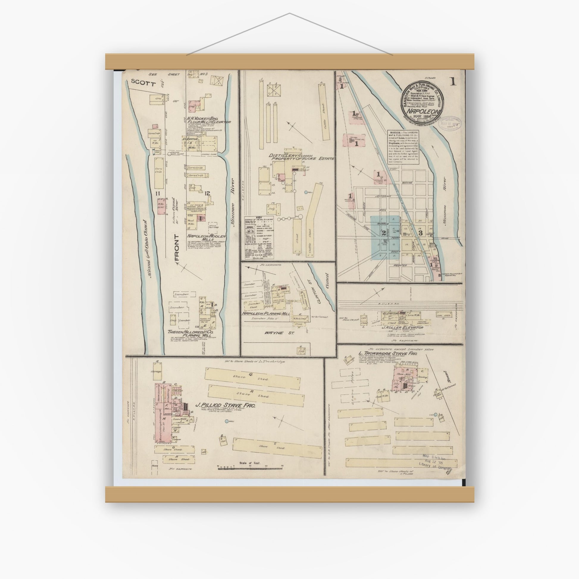 Old map wall art mockup — magnetic wood frame on white wall — Sanborn Fire Insurance Map from Napoleon, Henry County, Ohio (1884), Sheet #0001