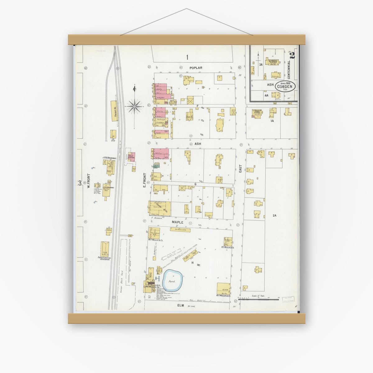 Old map wall art mockup — magnetic wood frame on white wall — Sanborn Fire Insurance Map from Cobden, Union County, Illinois (1900), Sheet #0002
