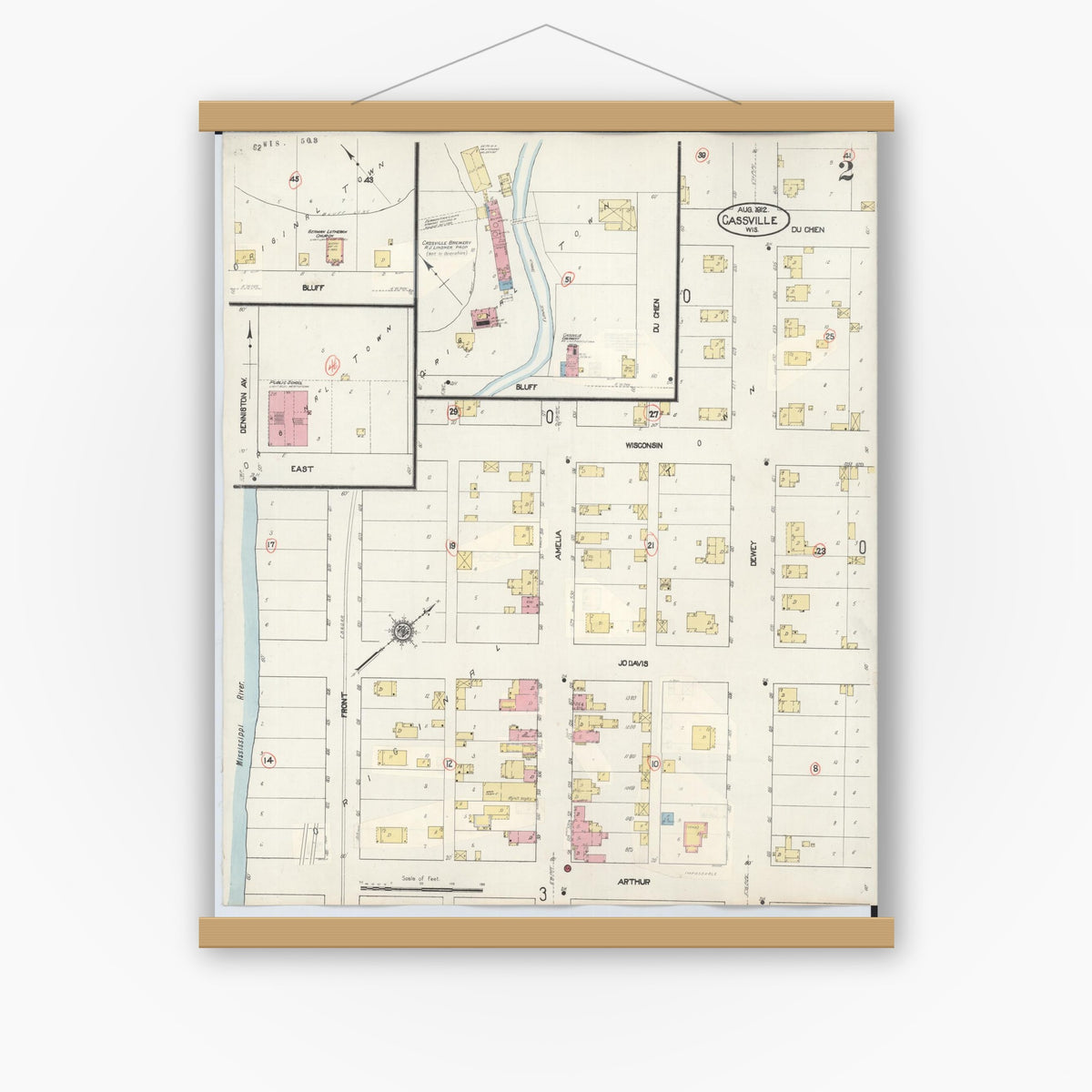 Old map wall art mockup — magnetic wood frame on white wall — Sanborn Fire Insurance Map from Cassville, Grant County, Wisconsin (1932), Sheet #0002