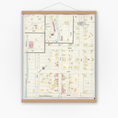 Old map wall art mockup — magnetic wood frame on white wall — Sanborn Fire Insurance Map from Cassville, Grant County, Wisconsin (1932), Sheet #0002