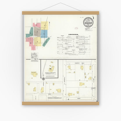 Old map wall art mockup — magnetic wood frame on white wall — Sanborn Fire Insurance Map from Henderson, Rusk County, Texas (1912), Sheet #0001