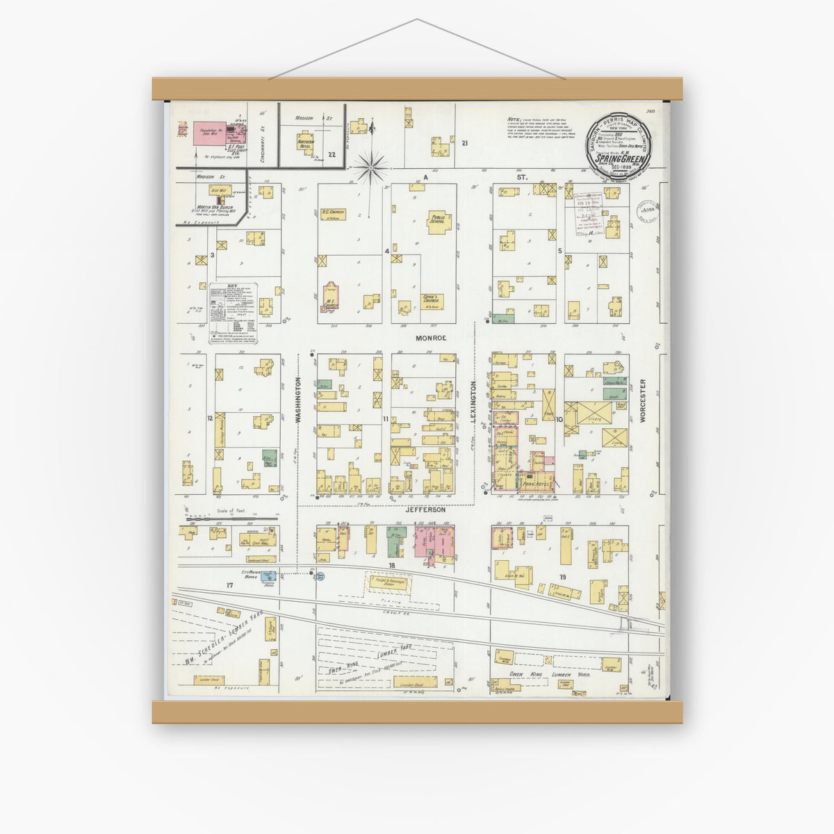 Old map wall art mockup — magnetic wood frame on white wall — Sanborn Fire Insurance Map from Spring Green, Sauk County, Wisconsin (1899), Sheet #0001