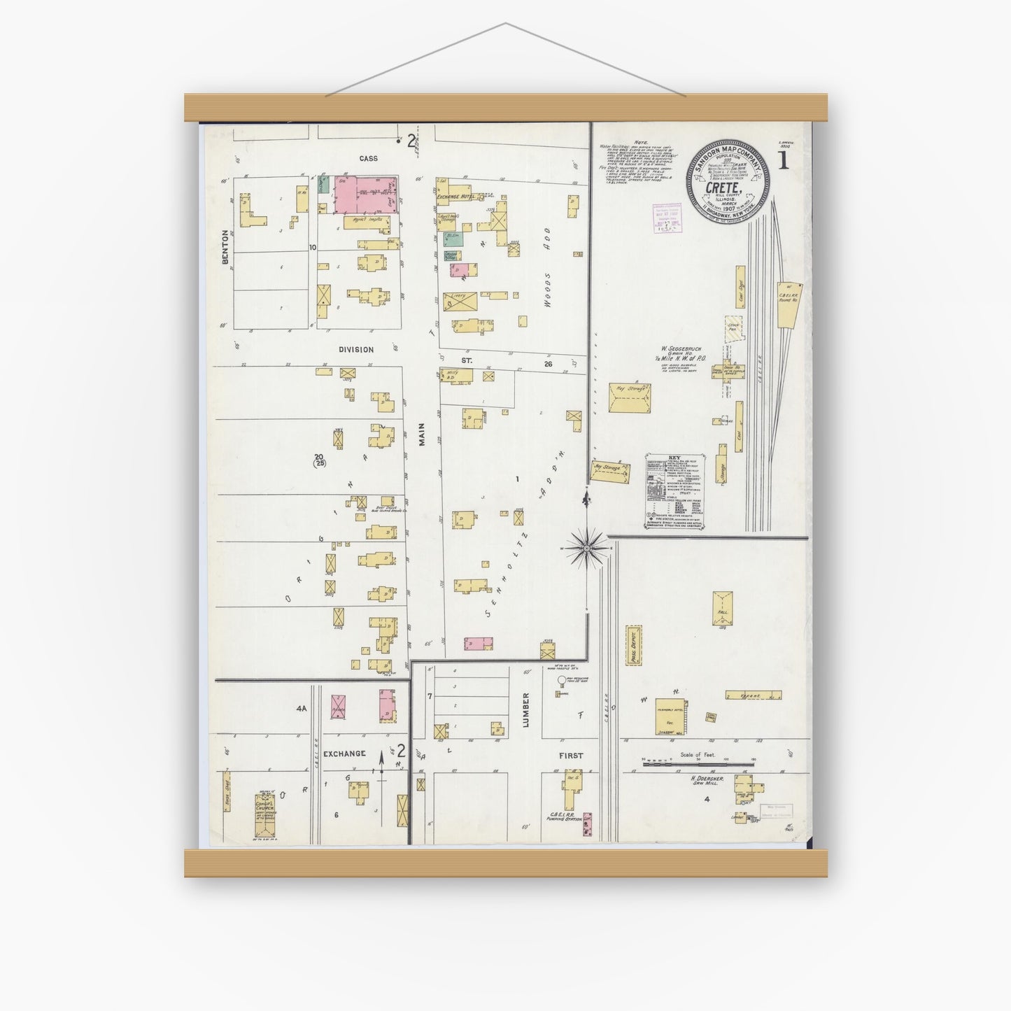 Old map wall art mockup — magnetic wood frame on white wall — Sanborn Fire Insurance Map from Crete, Will County, Illinois (1907) - Complete Map Set