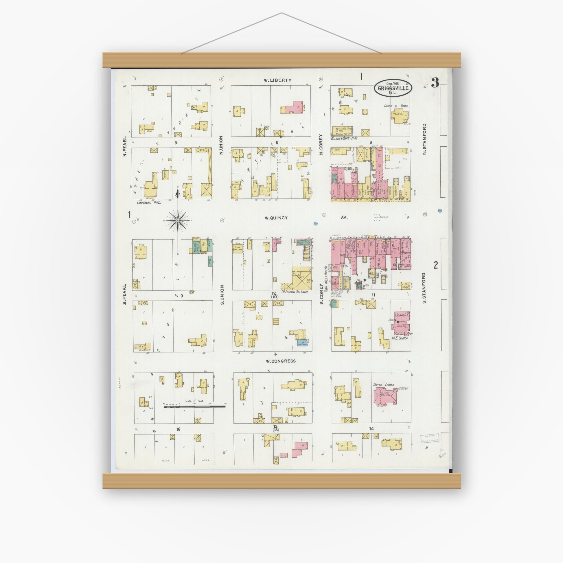 Old map wall art mockup — magnetic wood frame on white wall — Sanborn Fire Insurance Map from Griggsville, Pike County, Illinois (1905), Sheet #0003