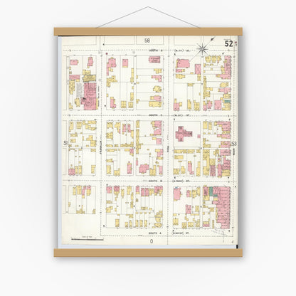 Old map wall art mockup — magnetic wood frame on white wall — Sanborn Fire Insurance Map from Hamilton, Butler County, Ohio (1899), Sheet #0052