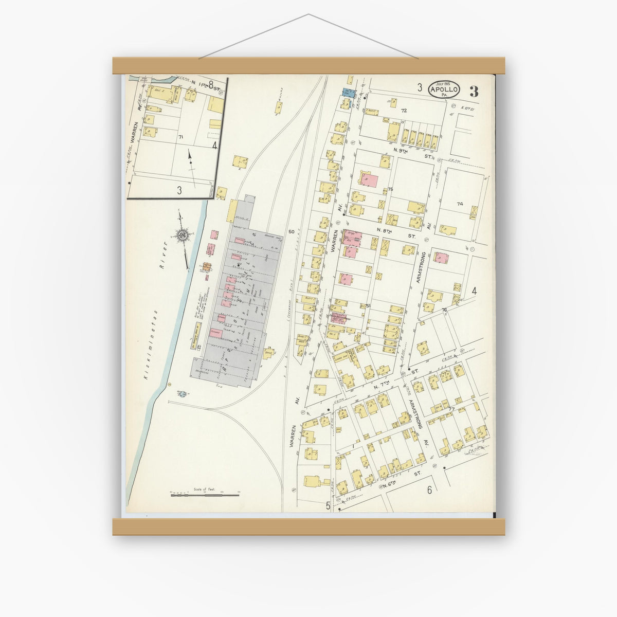 Old map wall art mockup — magnetic wood frame on white wall — Sanborn Fire Insurance Map from Apollo, Armstrong County, Pennsylvania (1915), Sheet #0003