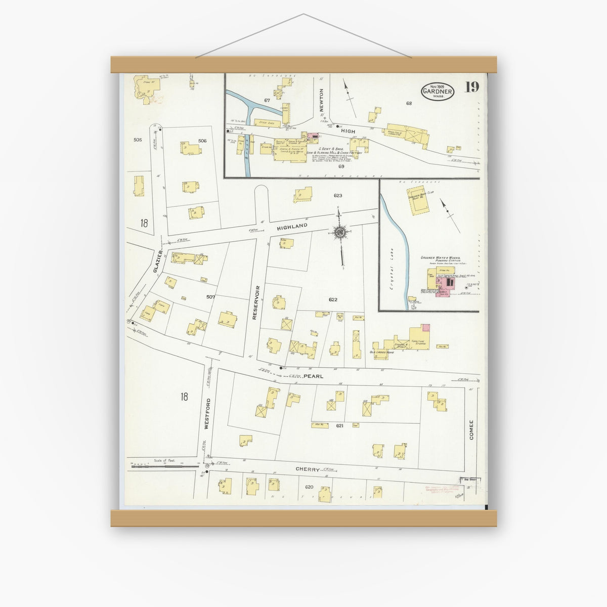 Old map wall art mockup — magnetic wood frame on white wall — Sanborn Fire Insurance Map from Gardner, Worcester County, Massachusetts (1909), Sheet #0019