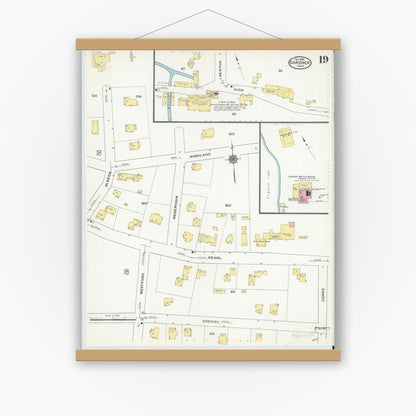 Old map wall art mockup — magnetic wood frame on white wall — Sanborn Fire Insurance Map from Gardner, Worcester County, Massachusetts (1909), Sheet #0019