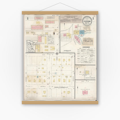 Old map wall art mockup — magnetic wood frame on white wall — Sanborn Fire Insurance Map from Coleraine, Itasca County, Minnesota (1944) - Complete Map Set
