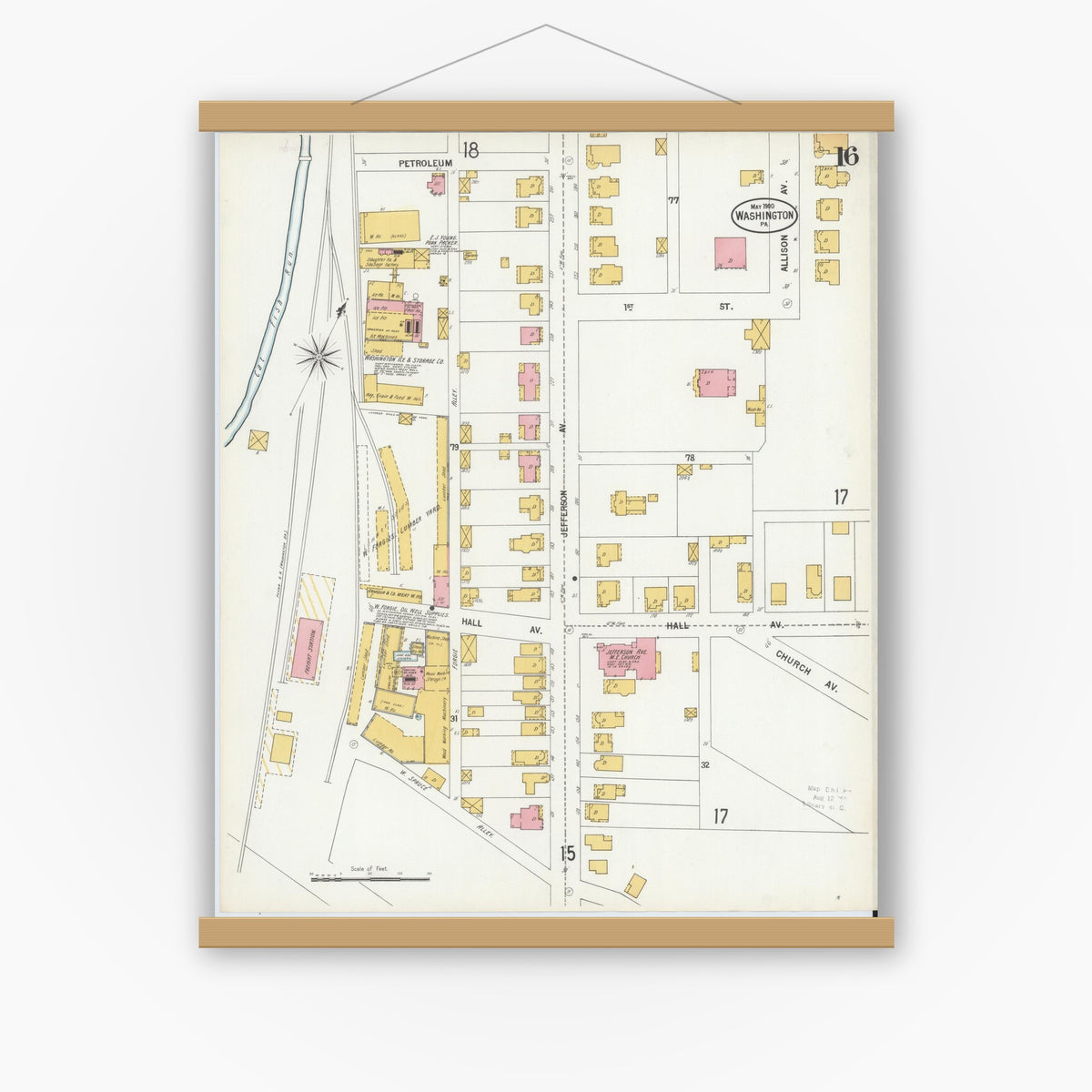 Old map wall art mockup — magnetic wood frame on white wall — Sanborn Fire Insurance Map from Washington, Washington County, Pennsylvania (1900), Sheet #0016