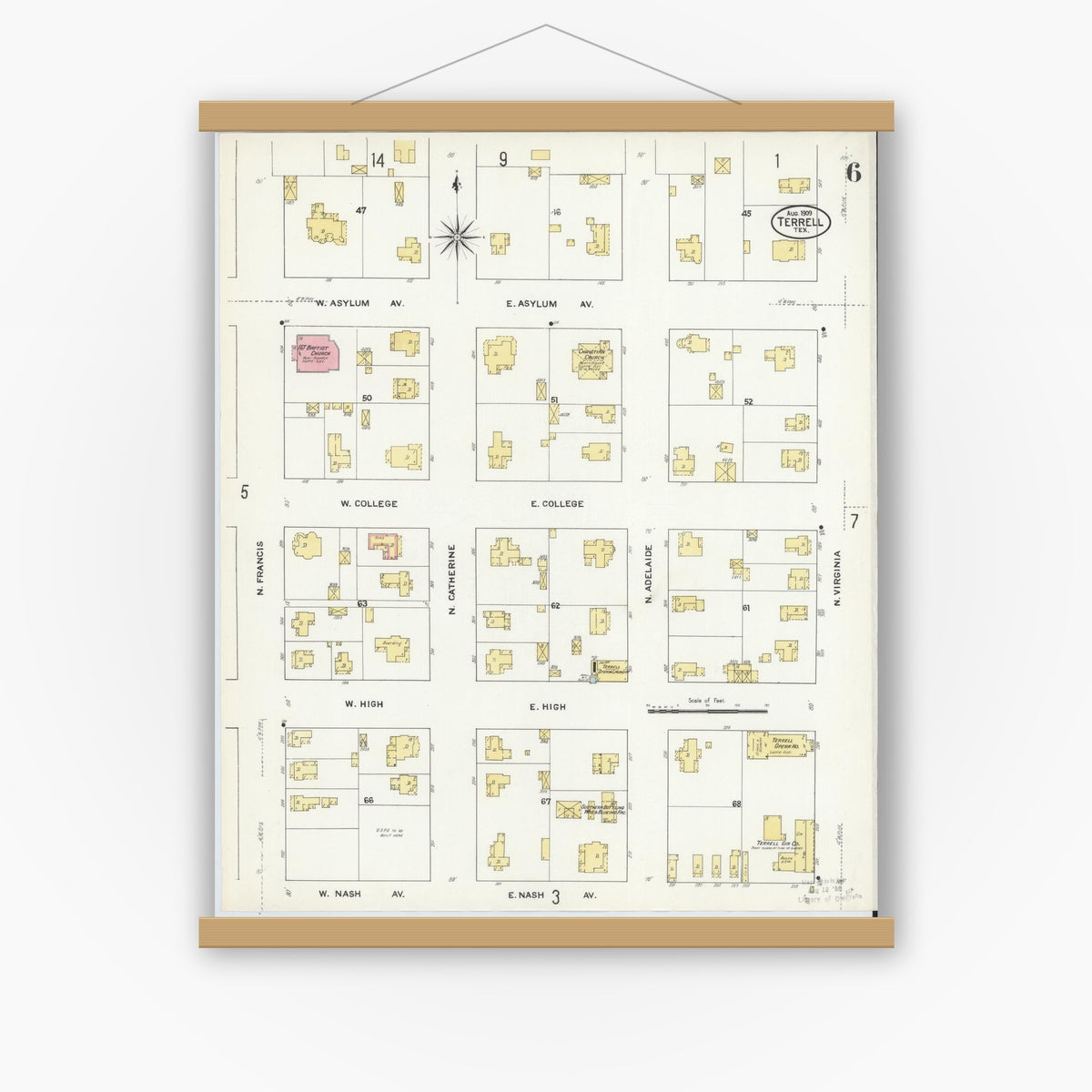 Old map wall art mockup — magnetic wood frame on white wall — Sanborn Fire Insurance Map from Terrell, Kaufman County, Texas (1909), Sheet #0006