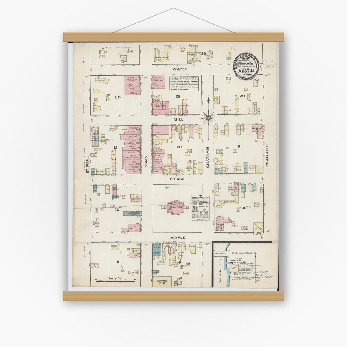 Old map wall art mockup — magnetic wood frame on white wall — Sanborn Fire Insurance Map from Austin, Mower County, Minnesota (1884), Sheet #0001