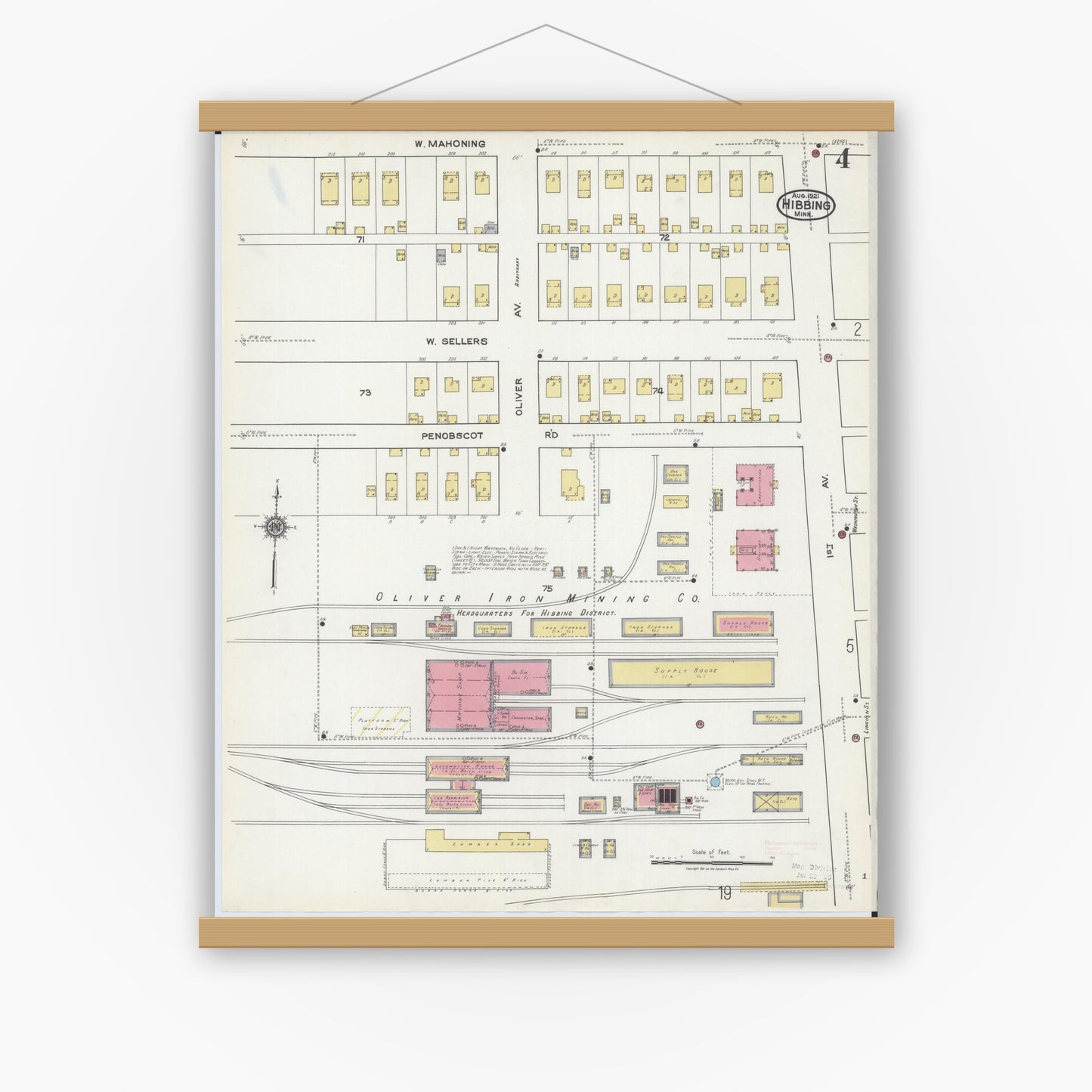 Old map wall art mockup — magnetic wood frame on white wall — Sanborn Fire Insurance Map from Hibbing, Saint Louis County, Minnesota (1921), Sheet #0004