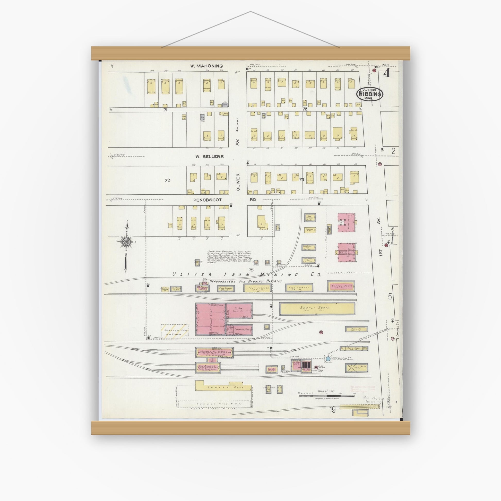 Old map wall art mockup — magnetic wood frame on white wall — Sanborn Fire Insurance Map from Hibbing, Saint Louis County, Minnesota (1921), Sheet #0004