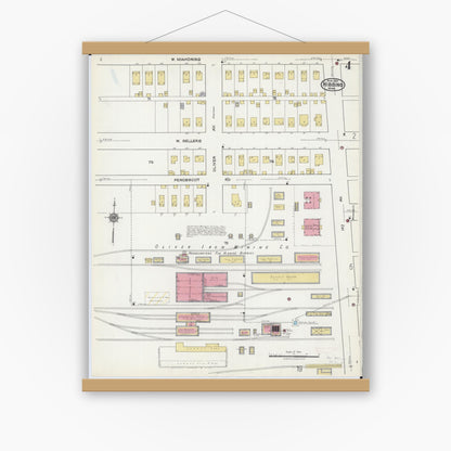 Old map wall art mockup — magnetic wood frame on white wall — Sanborn Fire Insurance Map from Hibbing, Saint Louis County, Minnesota (1921), Sheet #0004