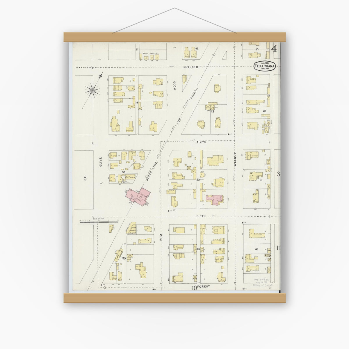 Old map wall art mockup — magnetic wood frame on white wall — Sanborn Fire Insurance Map from Texarkana, Bowie County, Texas (1896), Sheet #0004