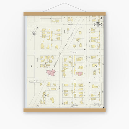 Old map wall art mockup — magnetic wood frame on white wall — Sanborn Fire Insurance Map from Texarkana, Bowie County, Texas (1896), Sheet #0004