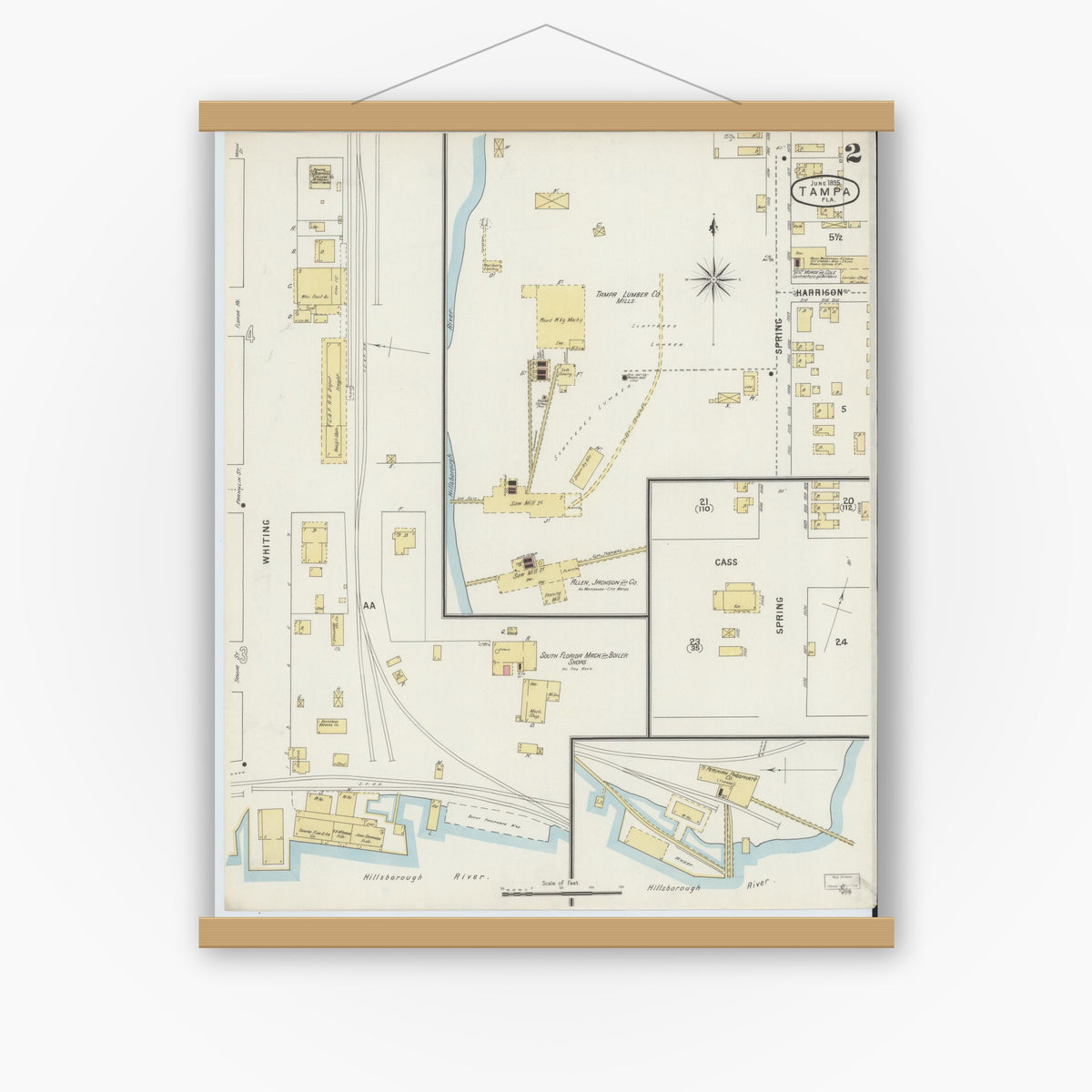 Old map wall art mockup — magnetic wood frame on white wall — Sanborn Fire Insurance Map from Tampa, Hillsborough County, Florida (1895), Sheet #0006
