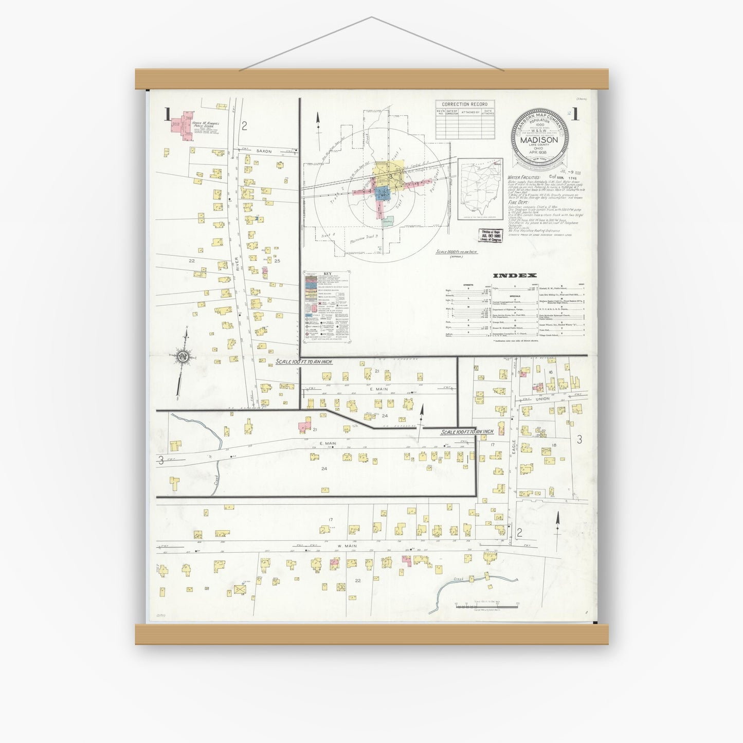 Old map wall art mockup — magnetic wood frame on white wall — Sanborn Fire Insurance Map from Madison, Lake County, Ohio (1938), Sheet #0001