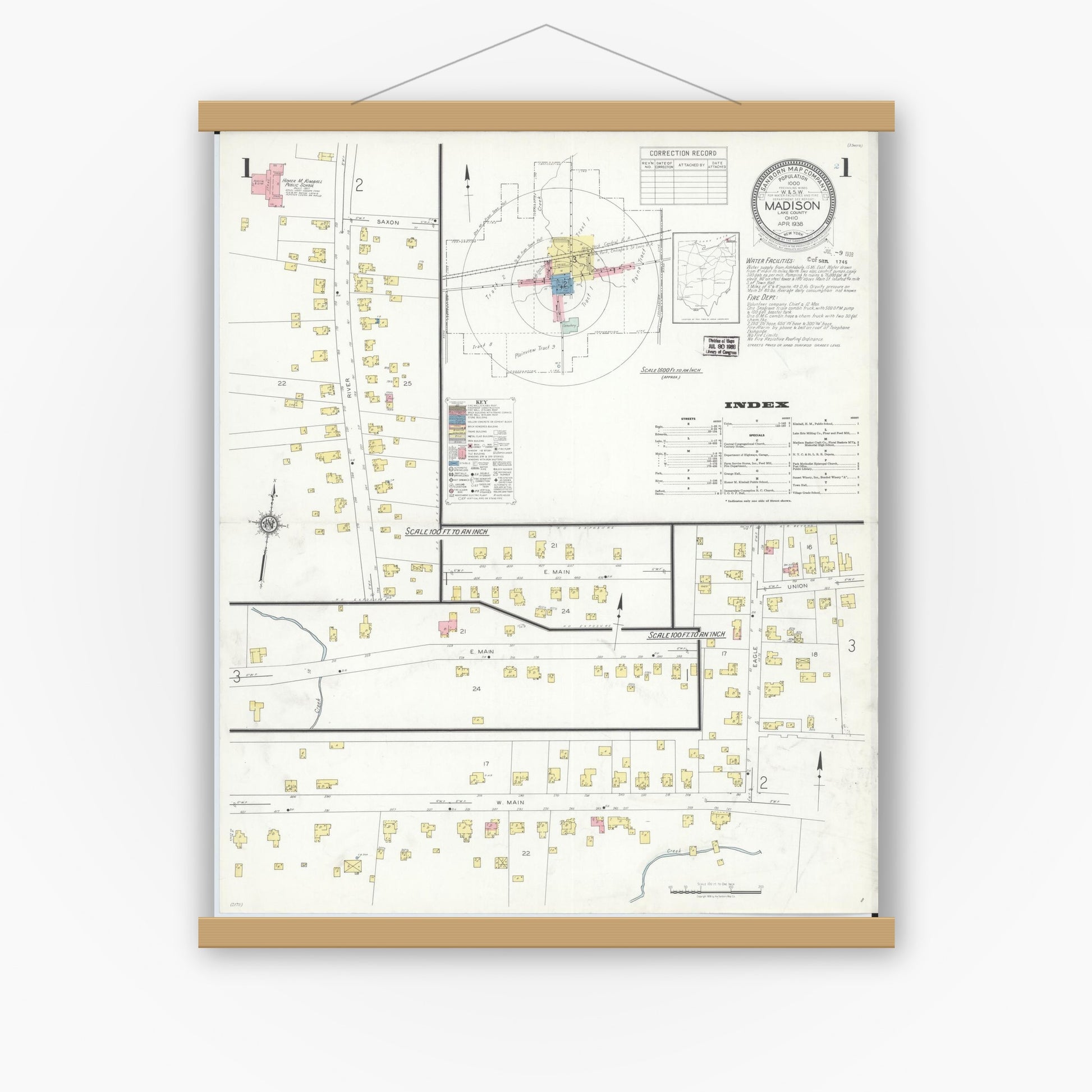 Old map wall art mockup — magnetic wood frame on white wall — Sanborn Fire Insurance Map from Madison, Lake County, Ohio (1938), Sheet #0001