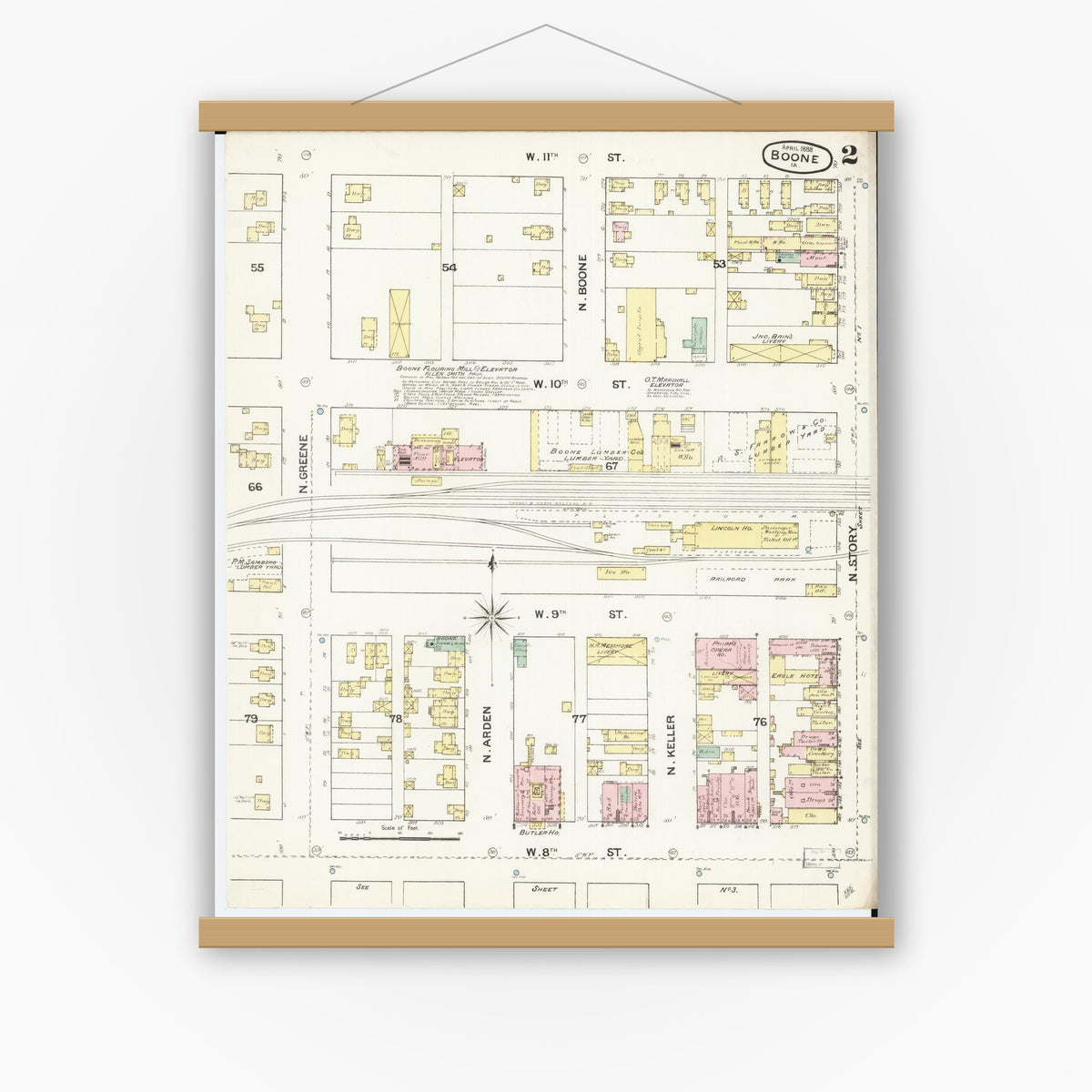 Old map wall art mockup — magnetic wood frame on white wall — Sanborn Fire Insurance Map from Boone, Boone County, Iowa (1888), Sheet #0002