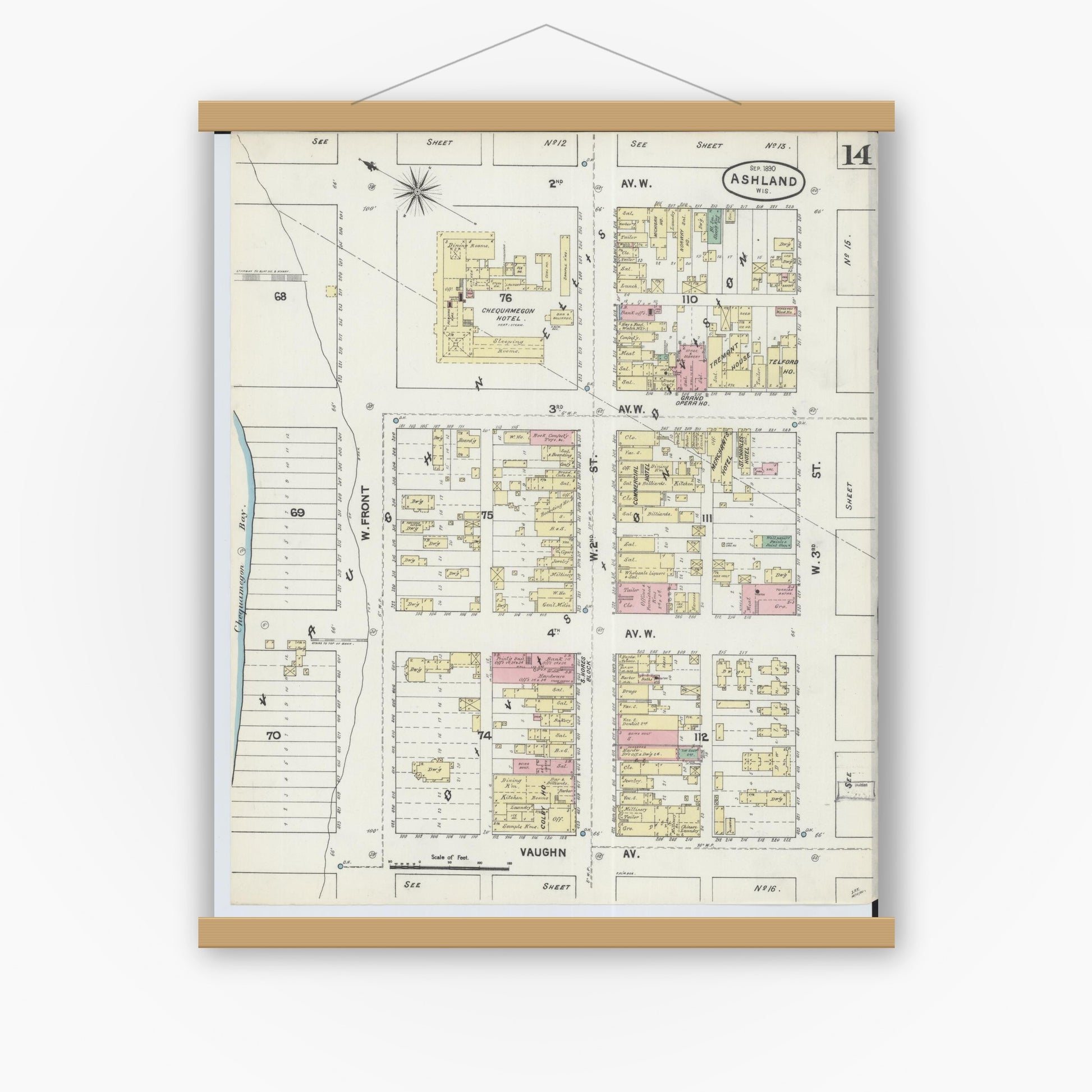 Old map wall art mockup — magnetic wood frame on white wall — Sanborn Fire Insurance Map from Ashland, Ashland County, Wisconsin (1890), Sheet #0014