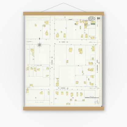 Old map wall art mockup — magnetic wood frame on white wall — Sanborn Fire Insurance Map from De Land, Volusia County, Florida (1909), Sheet #0010