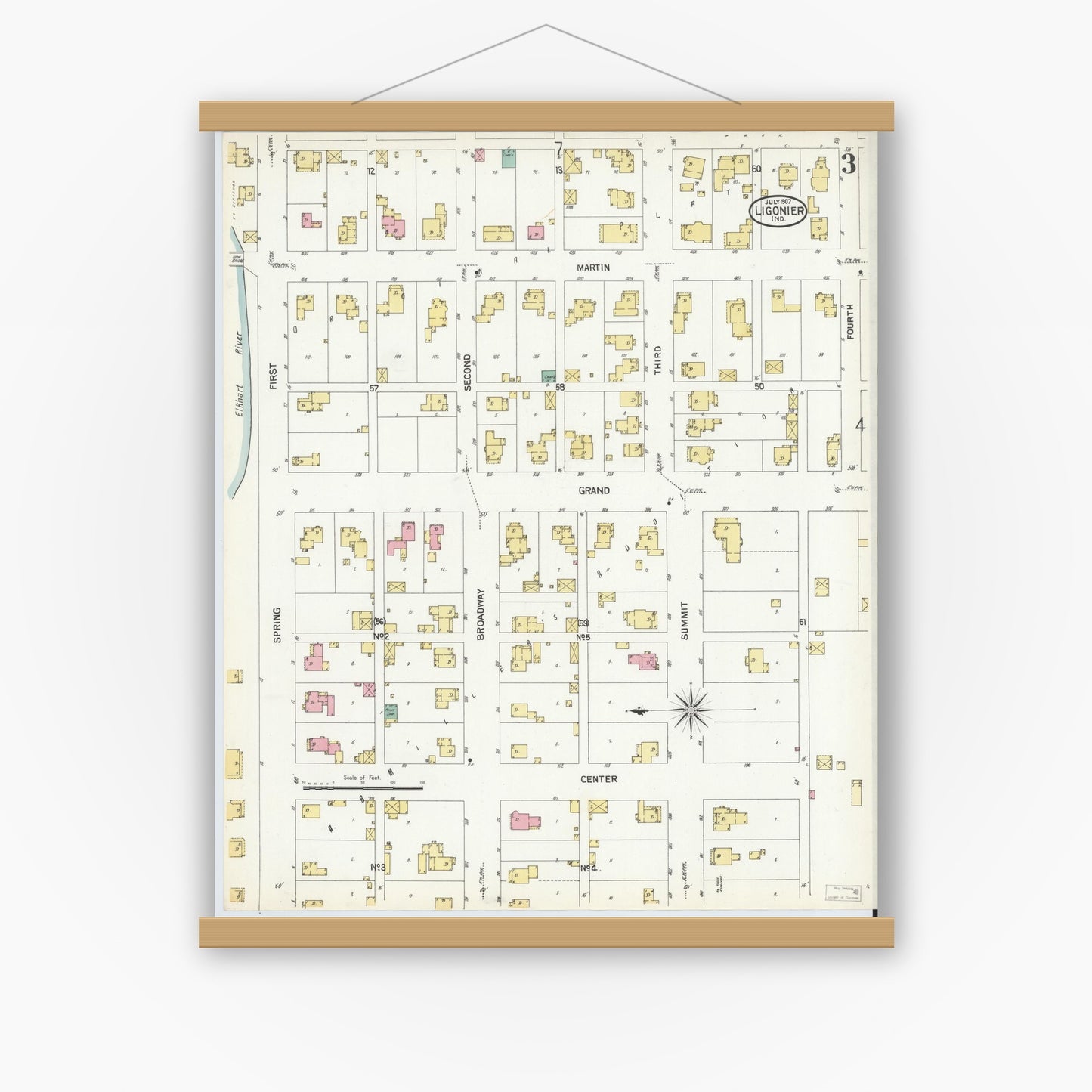 Old map wall art mockup — magnetic wood frame on white wall — Sanborn Fire Insurance Map from Ligonier, Noble County, Indiana (1907), Sheet #0003