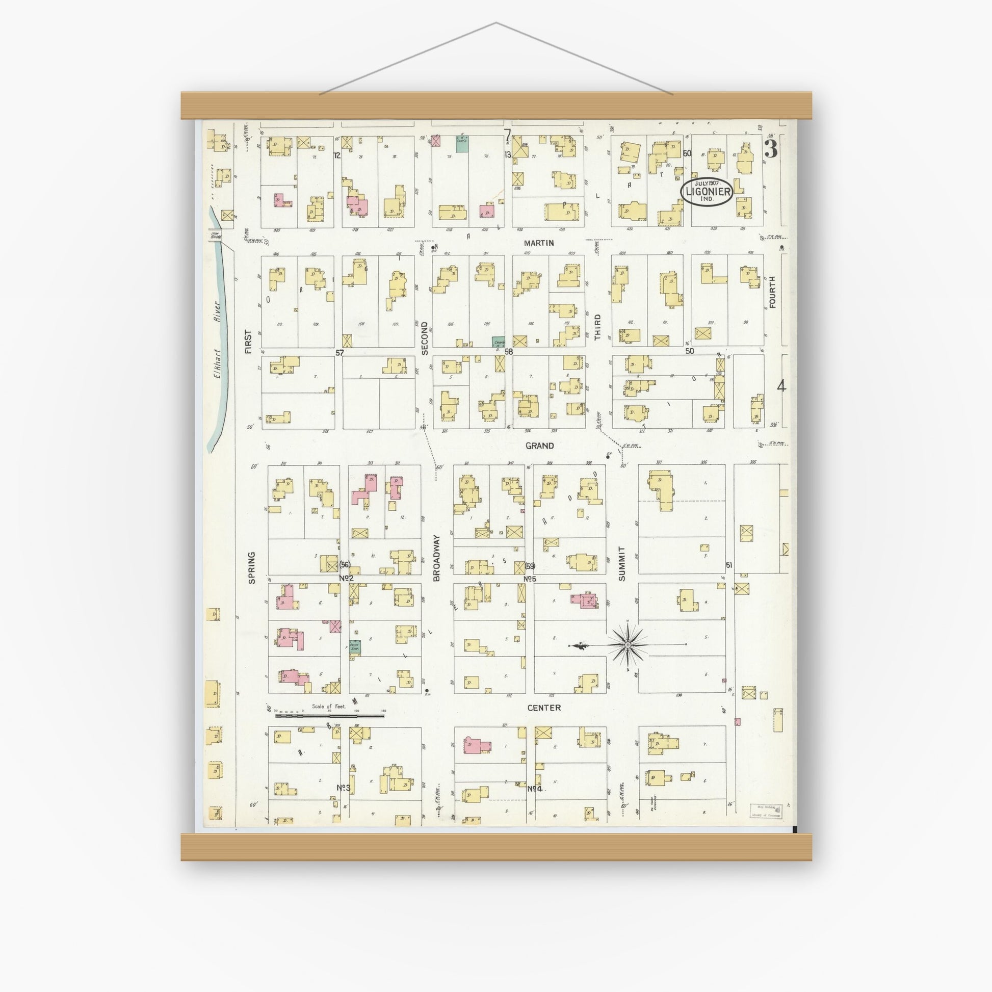 Old map wall art mockup — magnetic wood frame on white wall — Sanborn Fire Insurance Map from Ligonier, Noble County, Indiana (1907), Sheet #0003