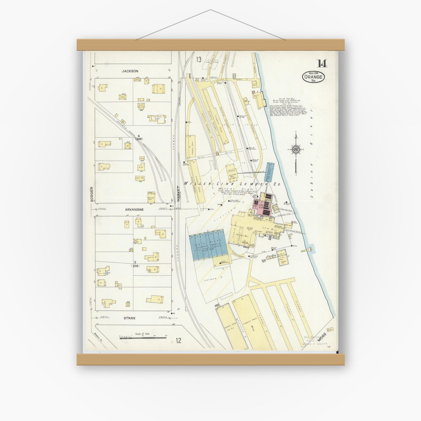 Old map wall art mockup — magnetic wood frame on white wall — Sanborn Fire Insurance Map from Orange, Orange County, Texas (1914), Sheet #0014