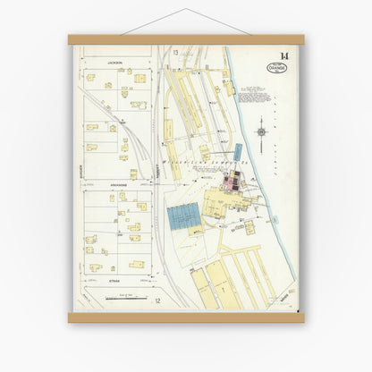 Old map wall art mockup — magnetic wood frame on white wall — Sanborn Fire Insurance Map from Orange, Orange County, Texas (1914), Sheet #0014