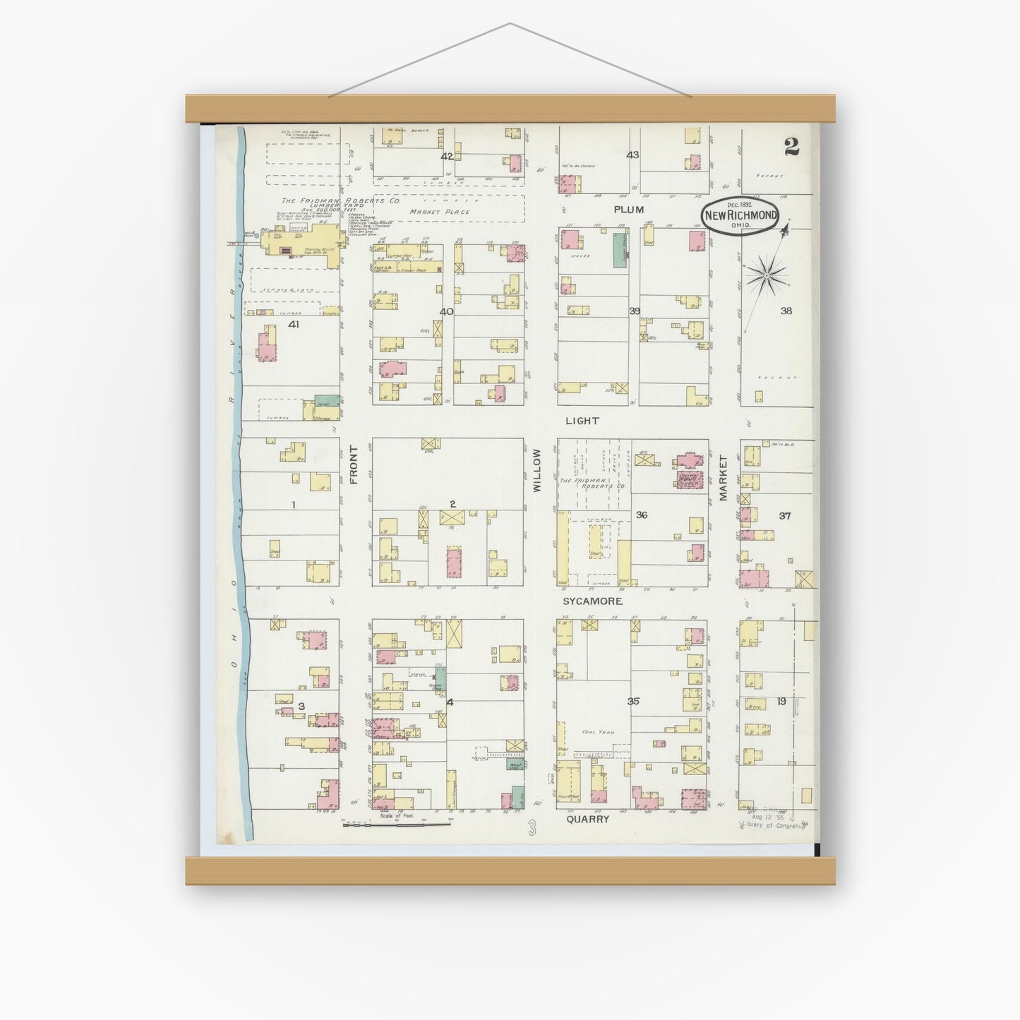 Old map wall art mockup — magnetic wood frame on white wall — Sanborn Fire Insurance Map from New Richmond, Clermont County, Ohio (1892), Sheet #0002