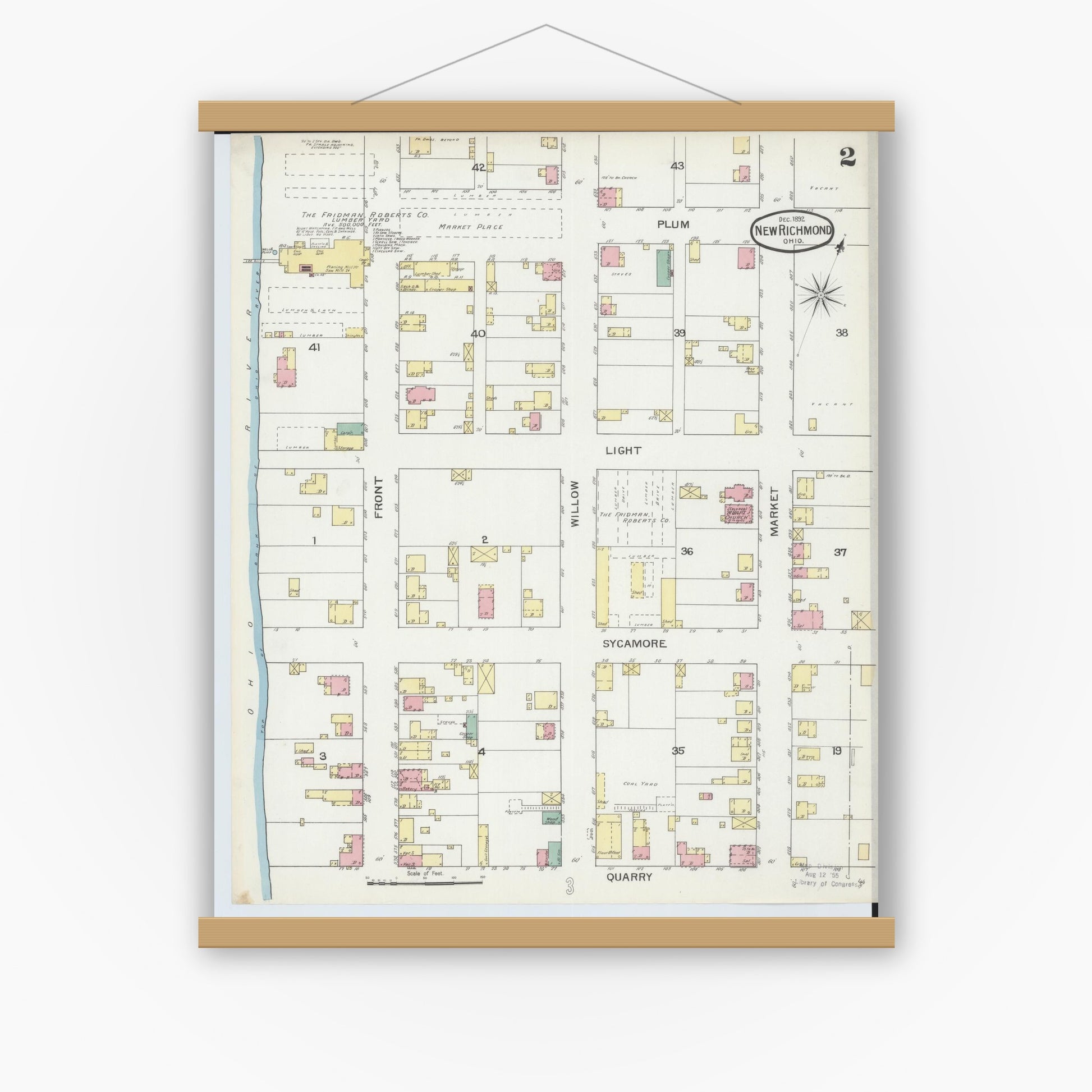 Old map wall art mockup — magnetic wood frame on white wall — Sanborn Fire Insurance Map from New Richmond, Clermont County, Ohio (1892), Sheet #0002
