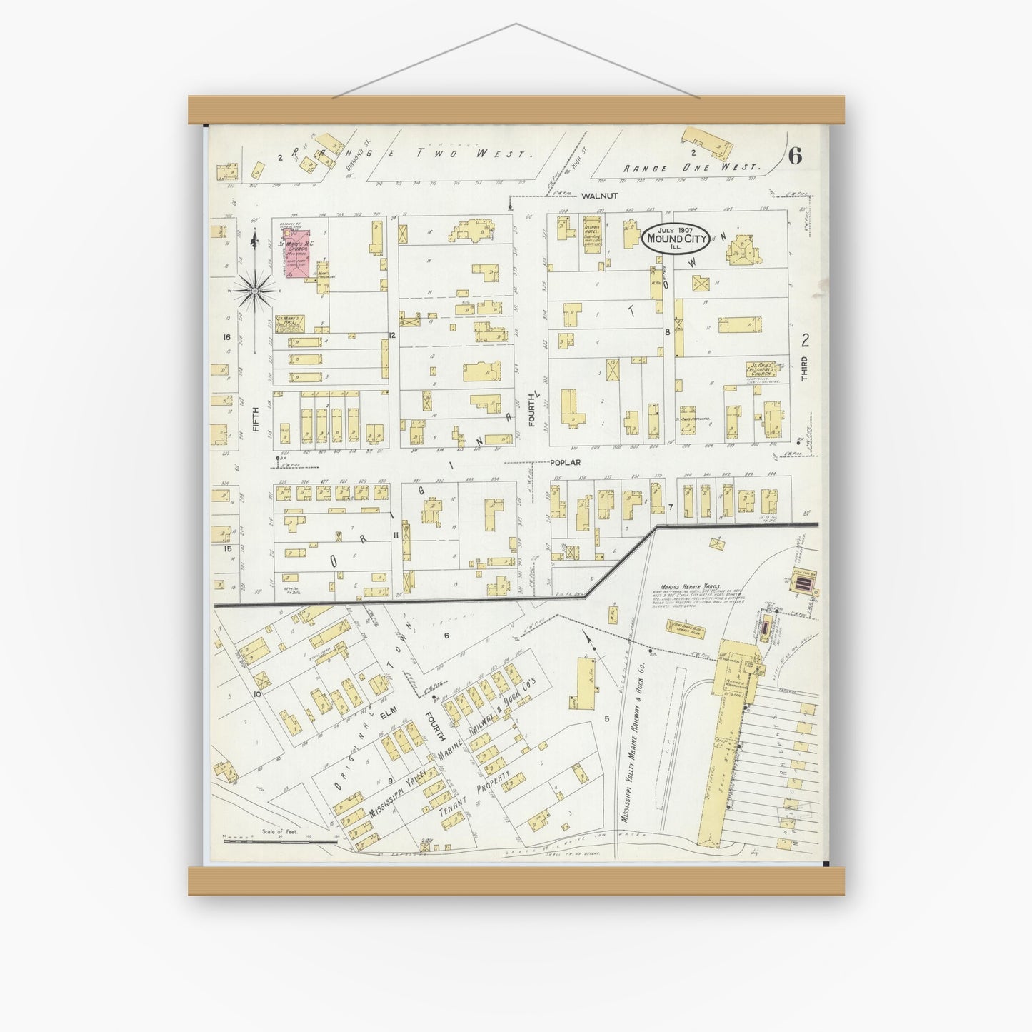 Old map wall art mockup — magnetic wood frame on white wall — Sanborn Fire Insurance Map from Mound City, Pulaski County, Illinois (1907), Sheet #0006