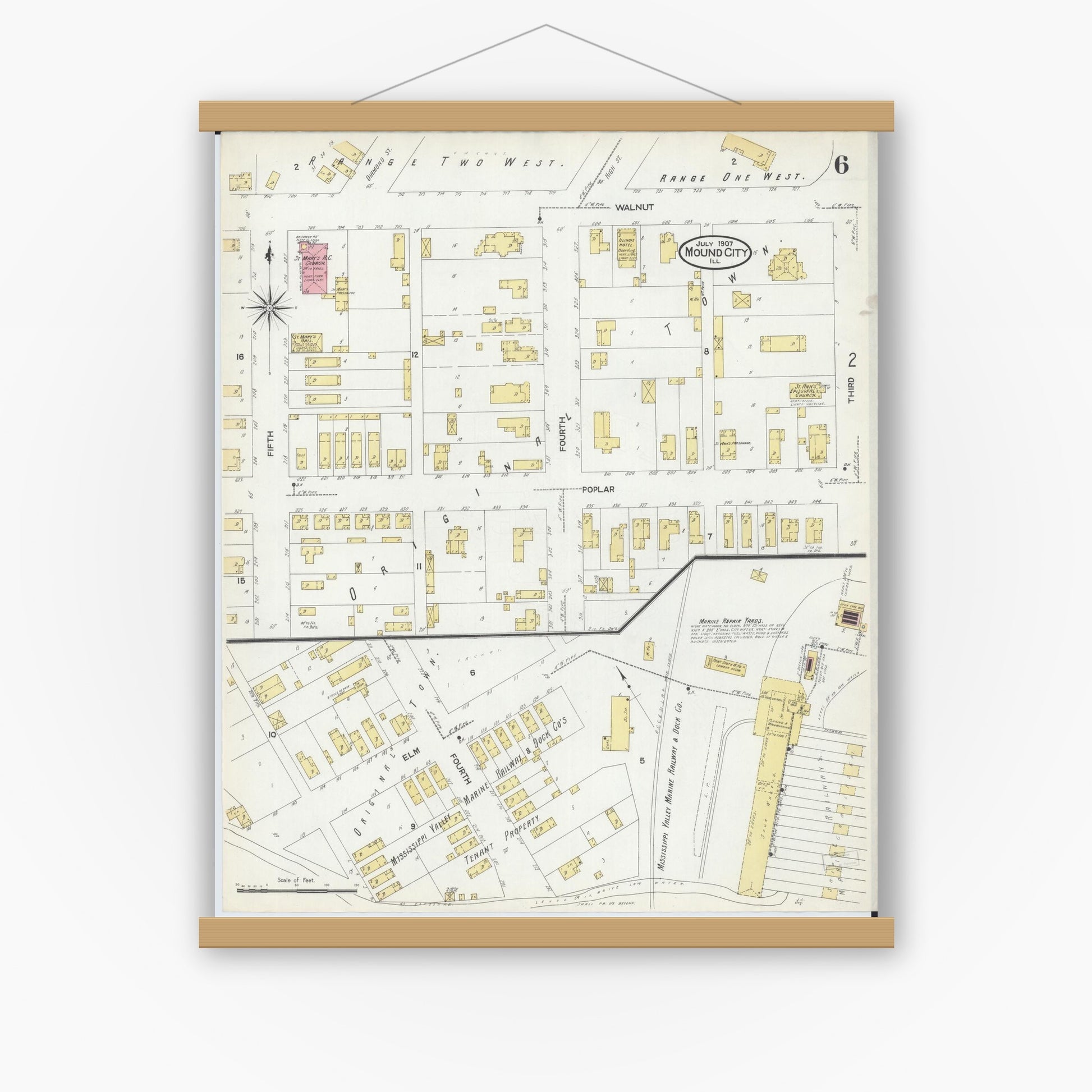 Old map wall art mockup — magnetic wood frame on white wall — Sanborn Fire Insurance Map from Mound City, Pulaski County, Illinois (1907), Sheet #0006